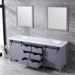 Lexora Marsyas 80" Dark Grey Double Vanity, White Carrara Marble Top, White Square Sinks And 30" Mirrors 25 Lexora Marsyas 80" Dark Grey Double Vanity, White Carrara Marble Top, White Square Sinks And 30" Mirrors -Home And Outdoor LM342280DBBSM30 6