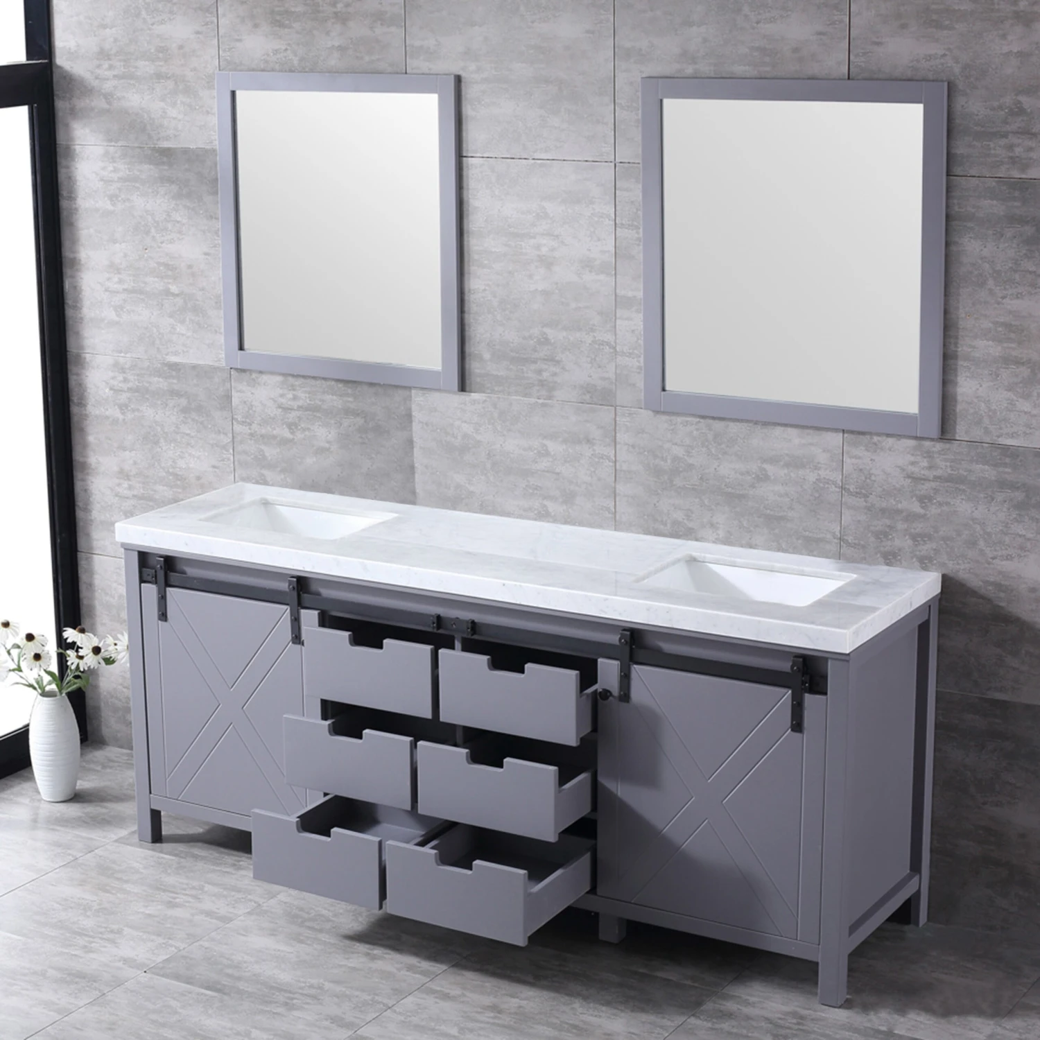 Lexora Marsyas 80" Dark Grey Double Vanity, White Carrara Marble Top, White Square Sinks And 30" Mirrors 9 Lexora Marsyas 80" Dark Grey Double Vanity, White Carrara Marble Top, White Square Sinks And 30" Mirrors - Image 7