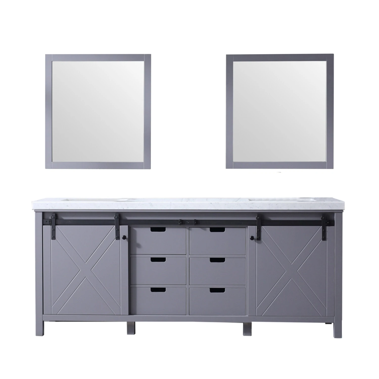 Lexora Marsyas 80" Dark Grey Double Vanity, White Carrara Marble Top, White Square Sinks And 30" Mirrors 3 Lexora Marsyas 80" Dark Grey Double Vanity, White Carrara Marble Top, White Square Sinks And 30" Mirrors