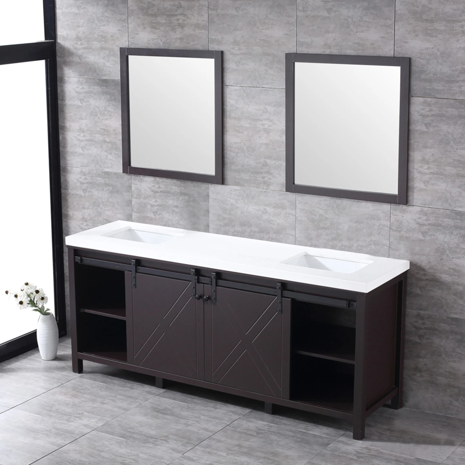 Lexora Marsyas 80" Brown Double Vanity, White Quartz Top, White Square Sinks And 30" Mirrors 8 Lexora Marsyas 80" Brown Double Vanity, White Quartz Top, White Square Sinks And 30" Mirrors - Image 6