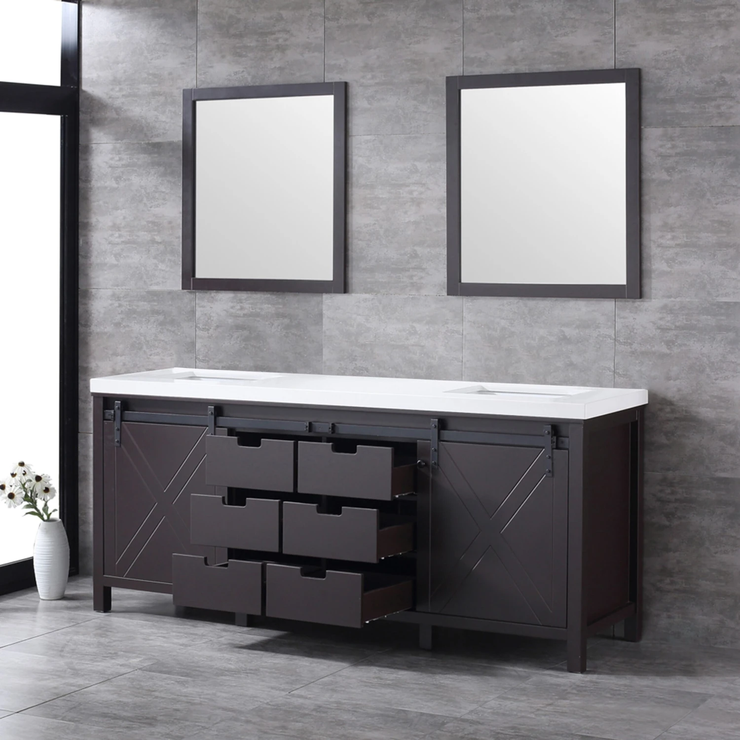 Lexora Marsyas 80" Brown Double Vanity, White Quartz Top, White Square Sinks And 30" Mirrors 9 Lexora Marsyas 80" Brown Double Vanity, White Quartz Top, White Square Sinks And 30" Mirrors - Image 7