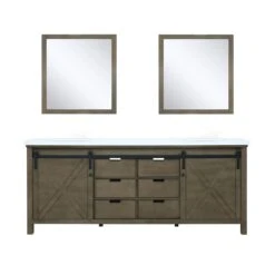 Lexora Marsyas 80" Rustic Brown Double Vanity, White Quartz Top, White Square Sinks And 30" Mirrors