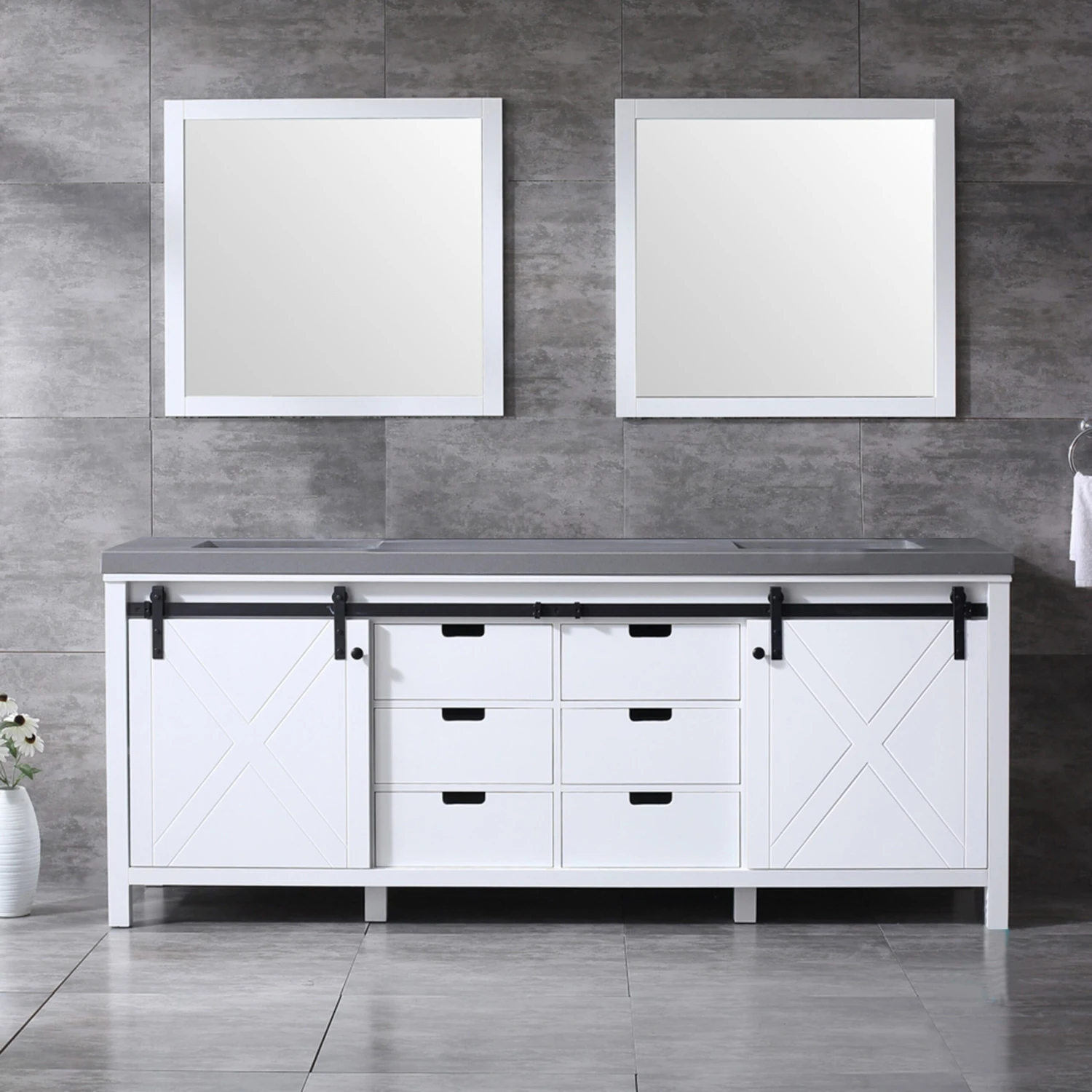 Lexora Marsyas 84" White Double Vanity, Grey Quartz Top, White Square Sinks And 34" Mirrors 4 Lexora Marsyas 84" White Double Vanity, Grey Quartz Top, White Square Sinks And 34" Mirrors - Image 2