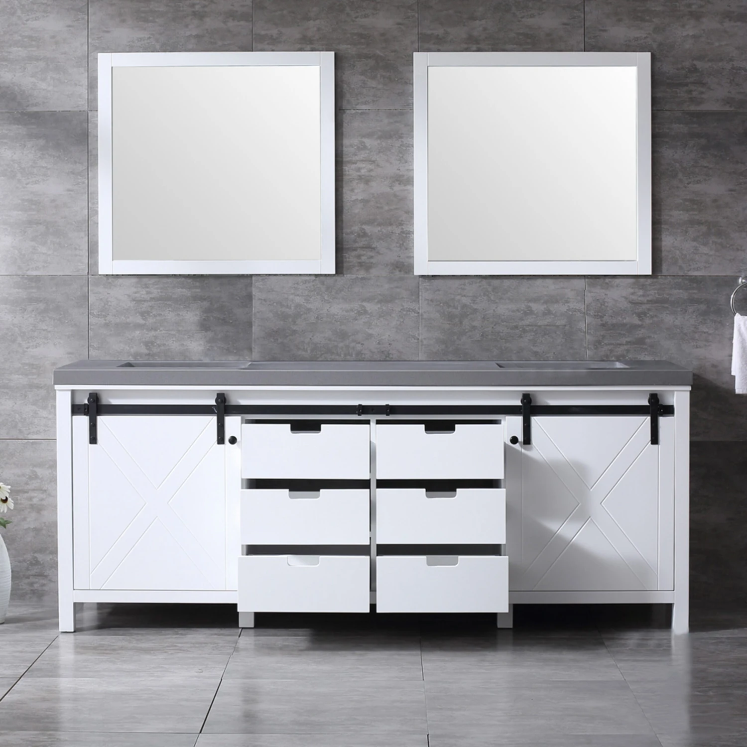 Lexora Marsyas 84" White Double Vanity, Grey Quartz Top, White Square Sinks And 34" Mirrors 6 Lexora Marsyas 84" White Double Vanity, Grey Quartz Top, White Square Sinks And 34" Mirrors - Image 4