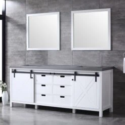 Lexora Marsyas 84" White Double Vanity, Grey Quartz Top, White Square Sinks And 34" Mirrors 22 Lexora Marsyas 84" White Double Vanity, Grey Quartz Top, White Square Sinks And 34" Mirrors -Home And Outdoor LM342284DAASM34 4