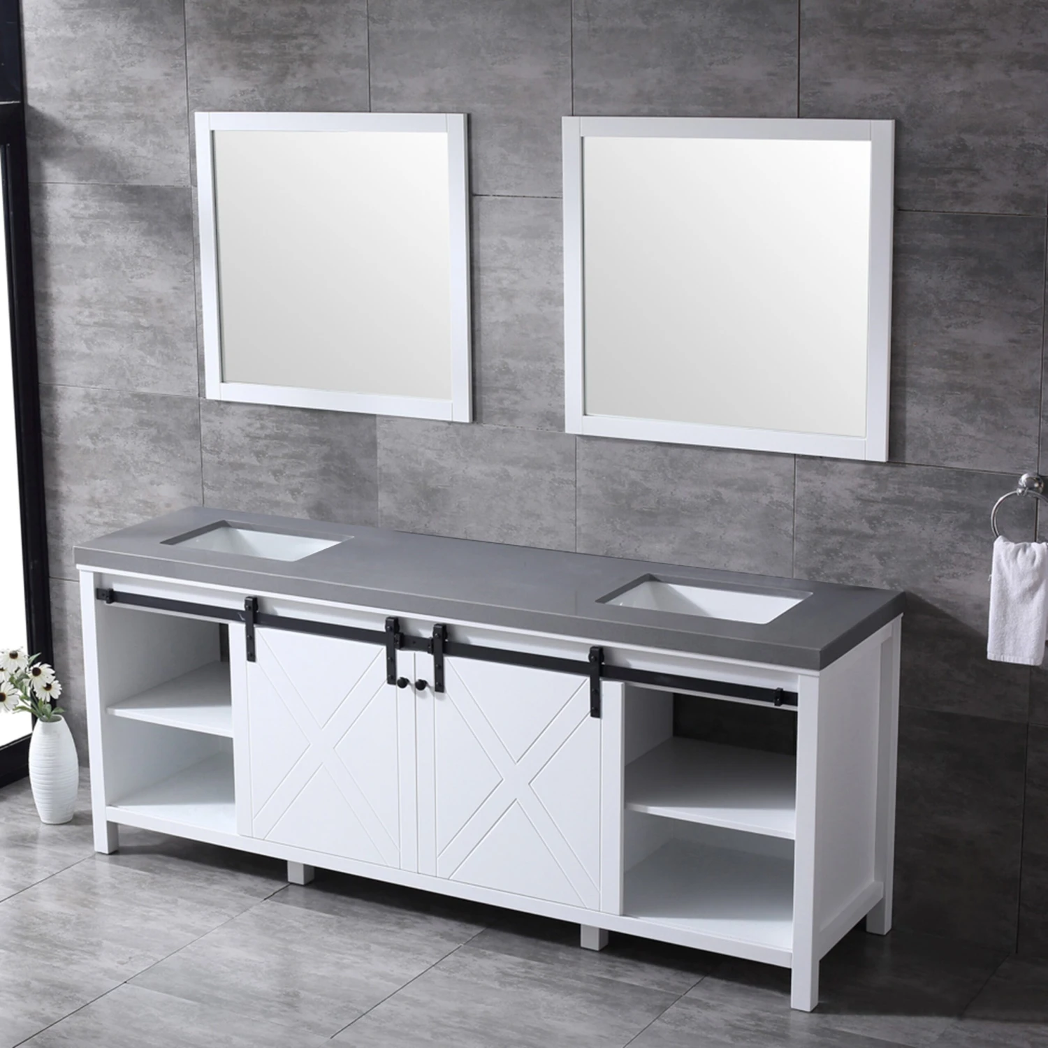 Lexora Marsyas 84" White Double Vanity, Grey Quartz Top, White Square Sinks And 34" Mirrors 8 Lexora Marsyas 84" White Double Vanity, Grey Quartz Top, White Square Sinks And 34" Mirrors - Image 6