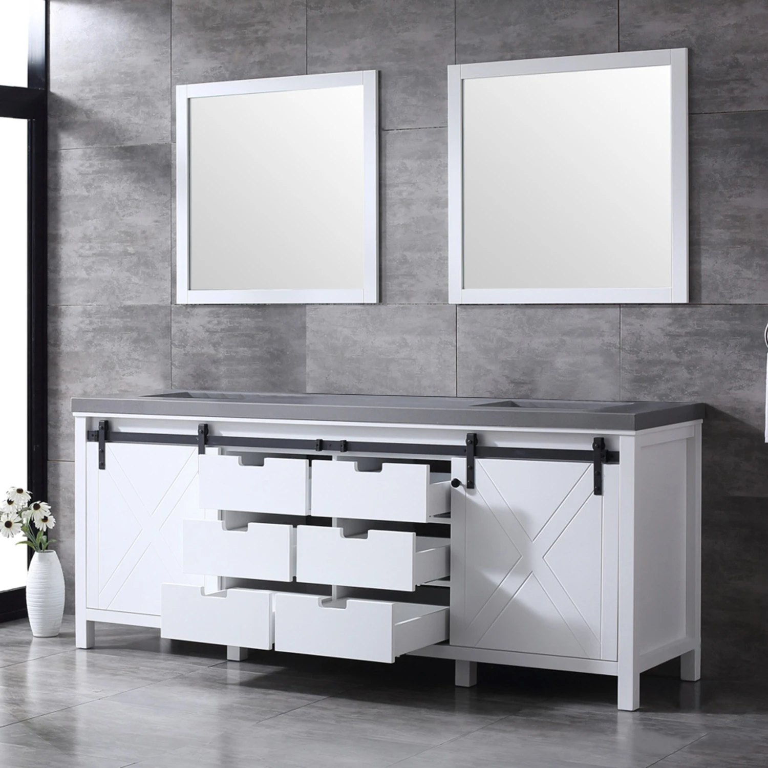 Lexora Marsyas 84" White Double Vanity, Grey Quartz Top, White Square Sinks And 34" Mirrors 9 Lexora Marsyas 84" White Double Vanity, Grey Quartz Top, White Square Sinks And 34" Mirrors - Image 7