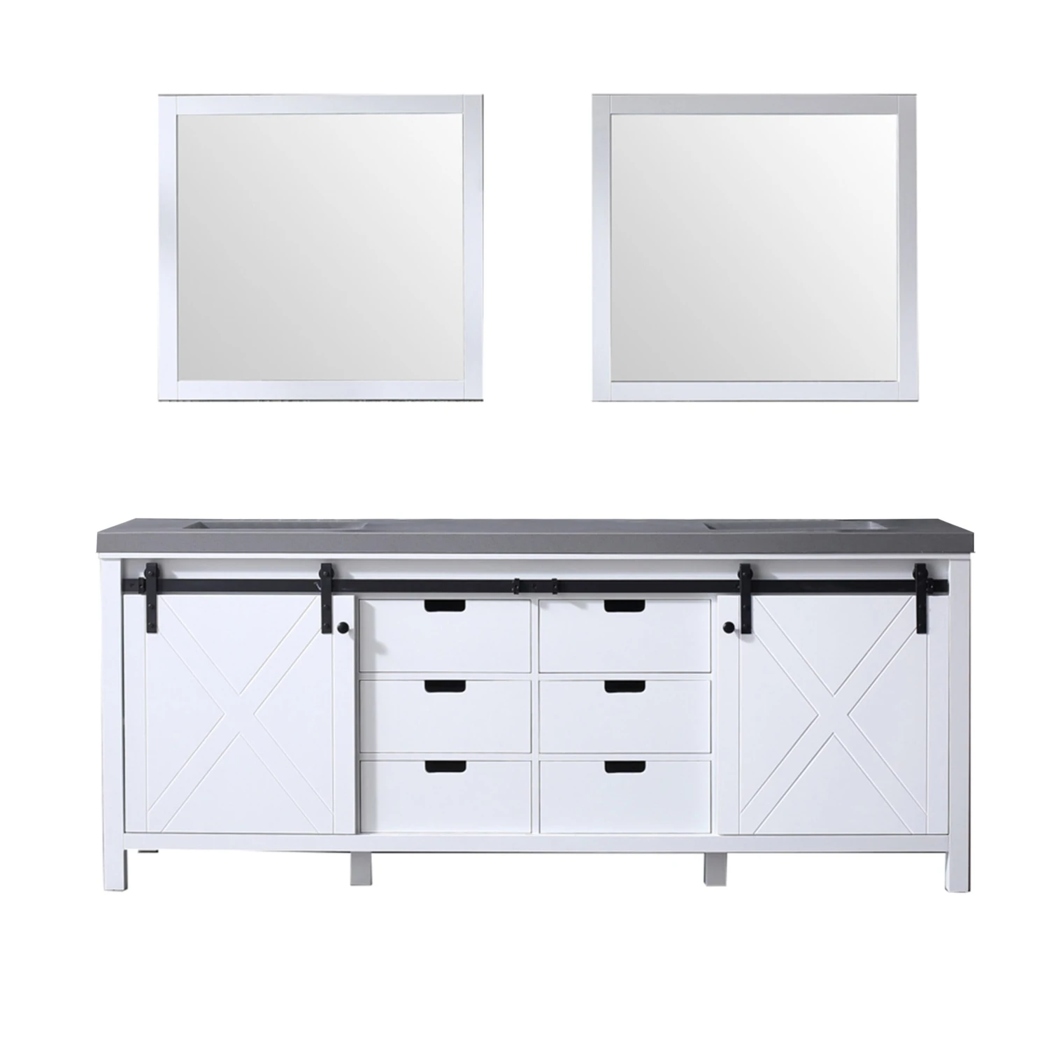 Lexora Marsyas 84" White Double Vanity, Grey Quartz Top, White Square Sinks And 34" Mirrors 3 Lexora Marsyas 84" White Double Vanity, Grey Quartz Top, White Square Sinks And 34" Mirrors