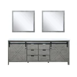 Lexora Marsyas 84" Ash Grey Double Vanity, White Quartz Top, White Square Sinks And 34" Mirrors