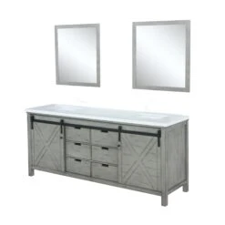 Lexora Marsyas 84" Ash Grey Double Vanity, White Quartz Top, White Square Sinks And 34" Mirrors -Home And Outdoor LM342284DHCSM34 7