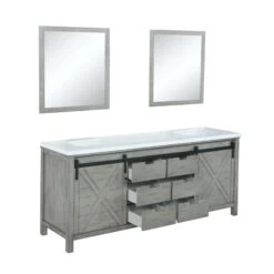 Lexora Marsyas 84" Ash Grey Double Vanity, White Quartz Top, White Square Sinks And 34" Mirrors -Home And Outdoor LM342284DHCSM34 8