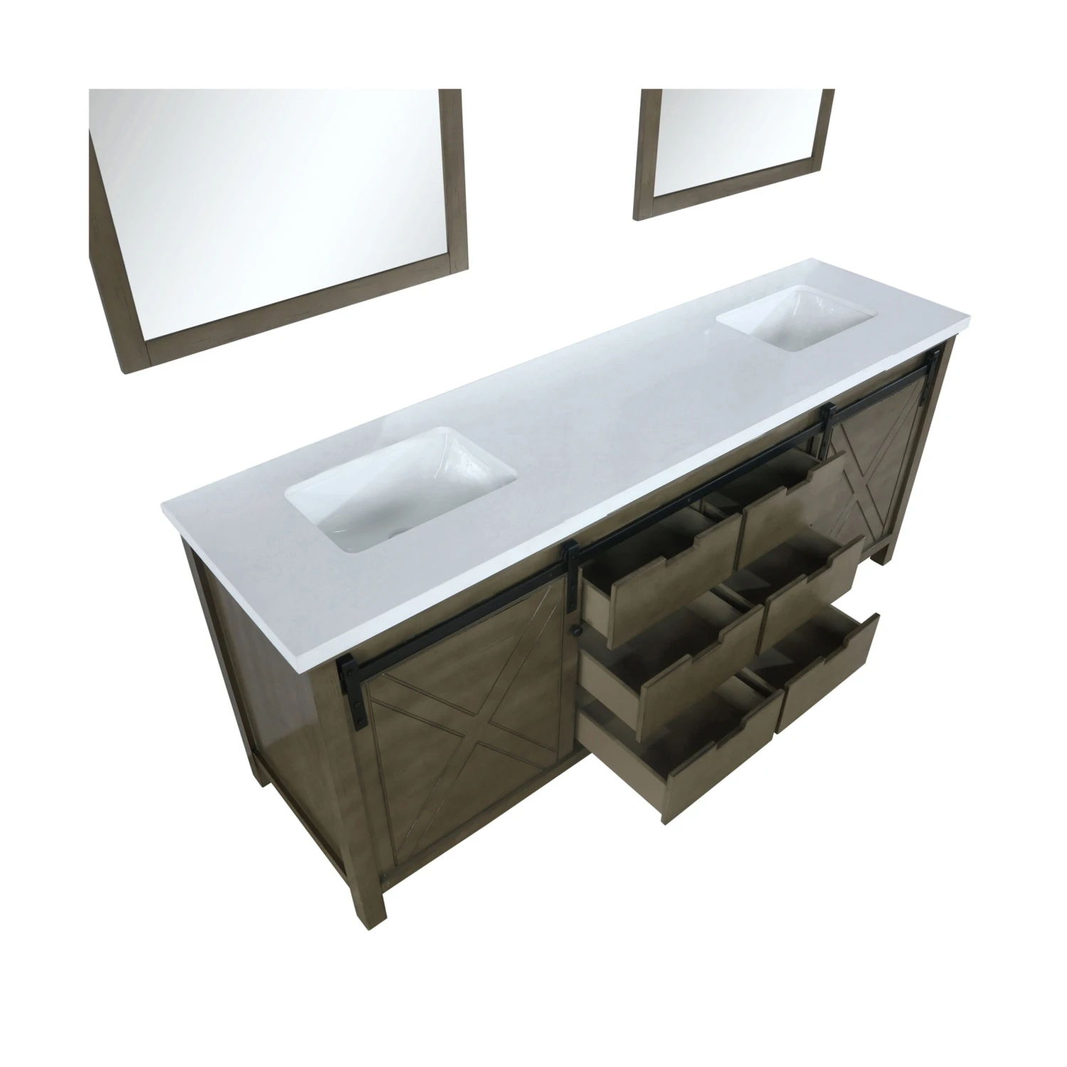 Lexora Marsyas 84" Rustic Brown Double Vanity, White Quartz Top, White Square Sinks And 34" Mirrors 11 Lexora Marsyas 84" Rustic Brown Double Vanity, White Quartz Top, White Square Sinks And 34" Mirrors - Image 9
