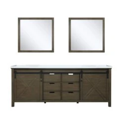 Lexora Marsyas 84" Rustic Brown Double Vanity, White Quartz Top, White Square Sinks And 34" Mirrors