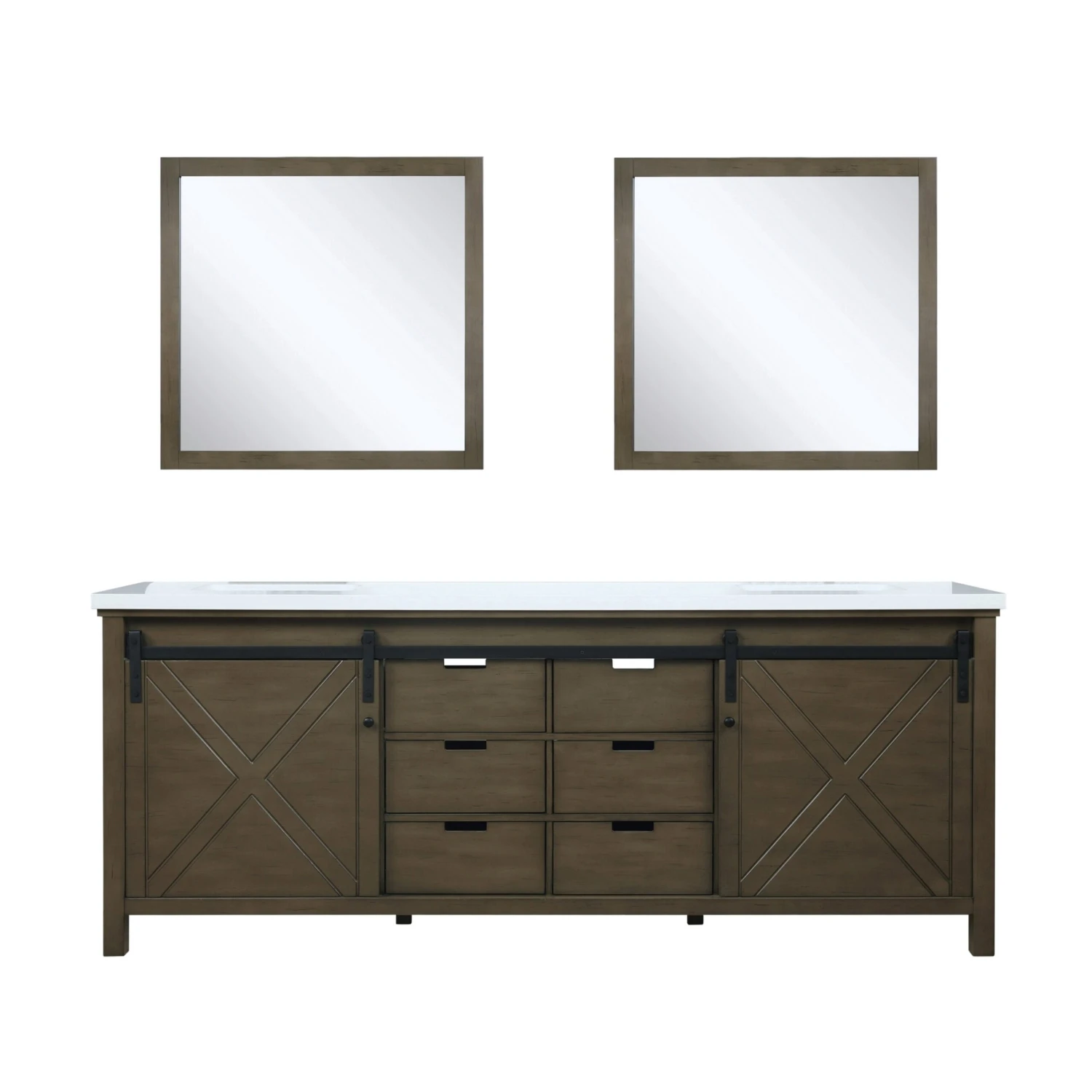 Lexora Marsyas 84" Rustic Brown Double Vanity, White Quartz Top, White Square Sinks And 34" Mirrors 3 Lexora Marsyas 84" Rustic Brown Double Vanity, White Quartz Top, White Square Sinks And 34" Mirrors