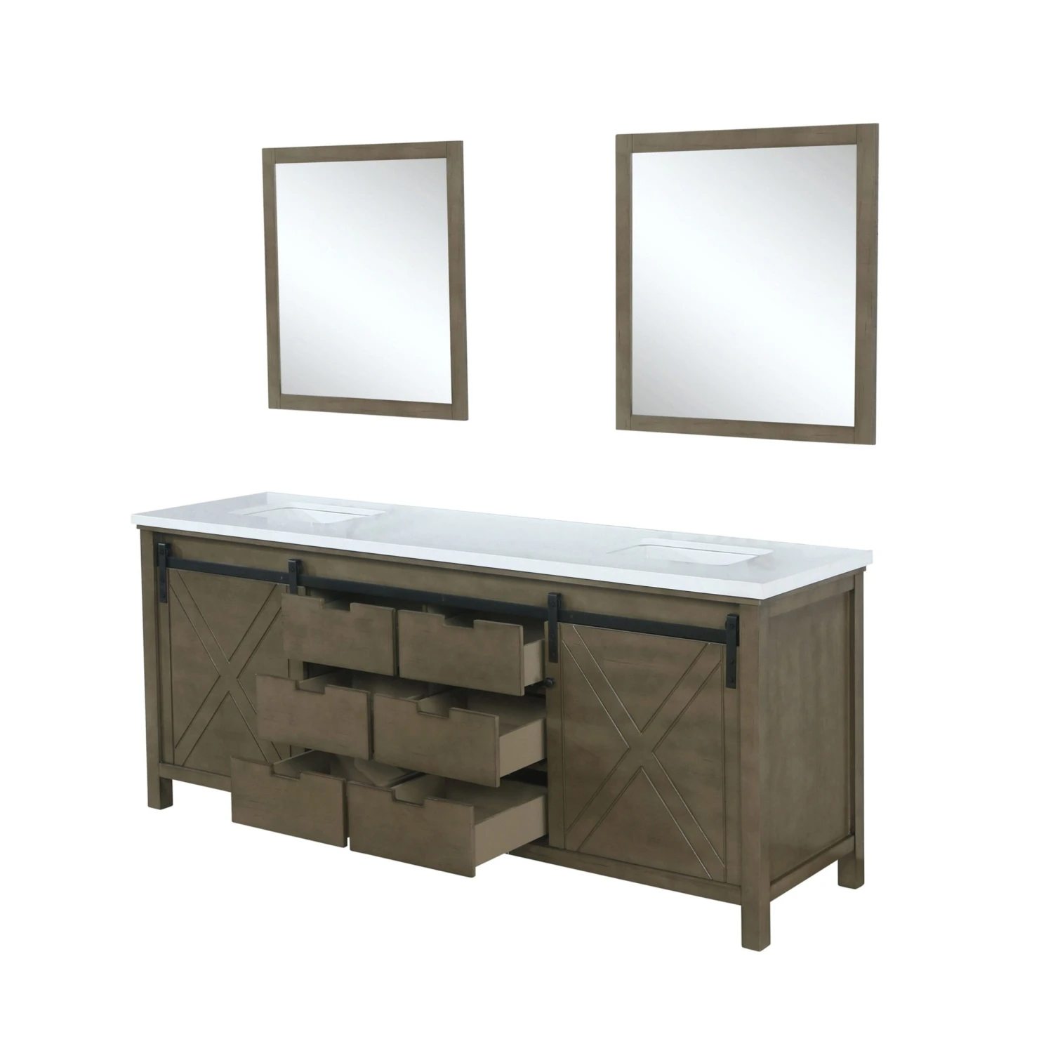 Lexora Marsyas 84" Rustic Brown Double Vanity, White Quartz Top, White Square Sinks And 34" Mirrors 10 Lexora Marsyas 84" Rustic Brown Double Vanity, White Quartz Top, White Square Sinks And 34" Mirrors - Image 8