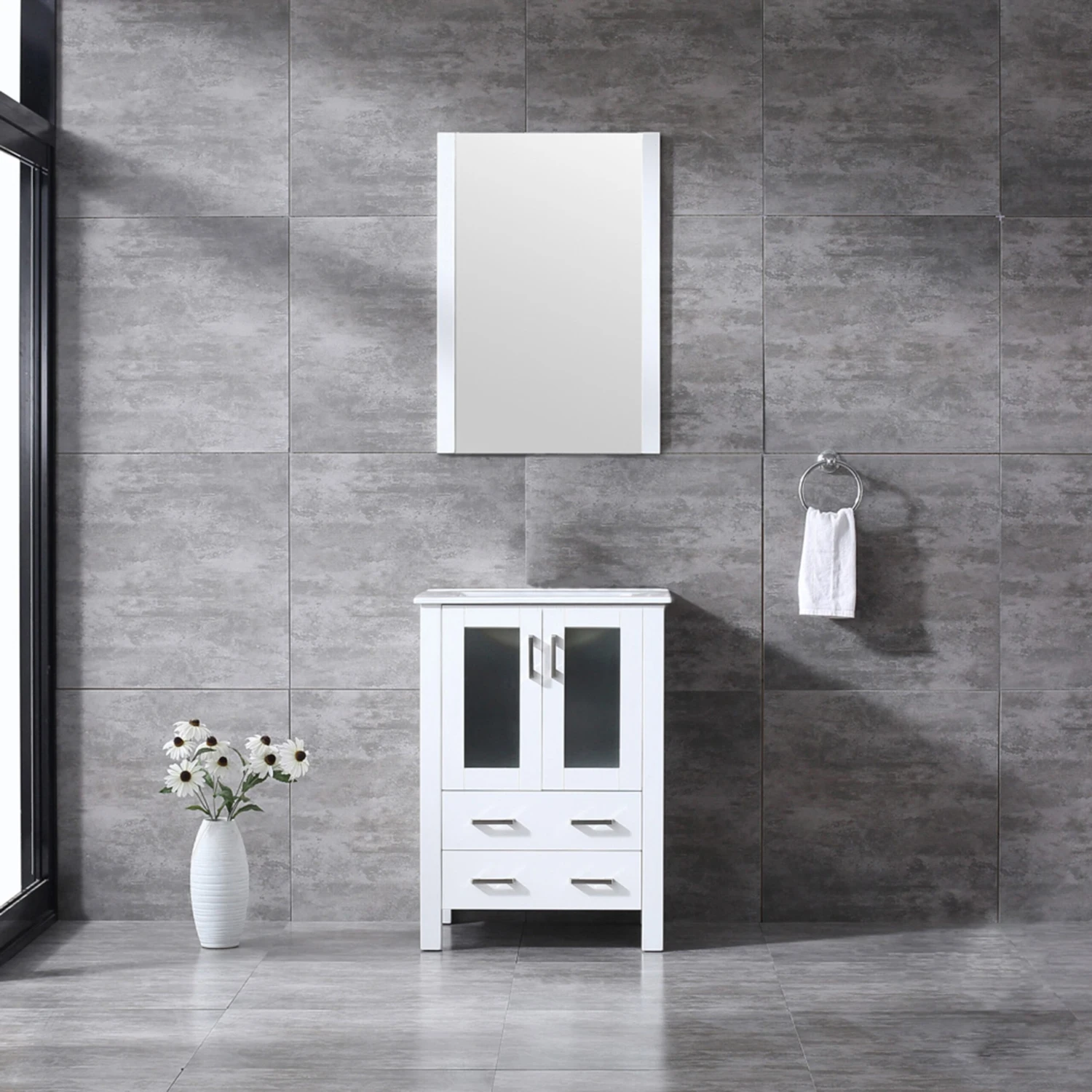 Lexora Volez 24" White Single Vanity, Integrated Top, White Integrated Square Sink And 22" Mirror 4 Lexora Volez 24" White Single Vanity, Integrated Top, White Integrated Square Sink And 22" Mirror - Image 2
