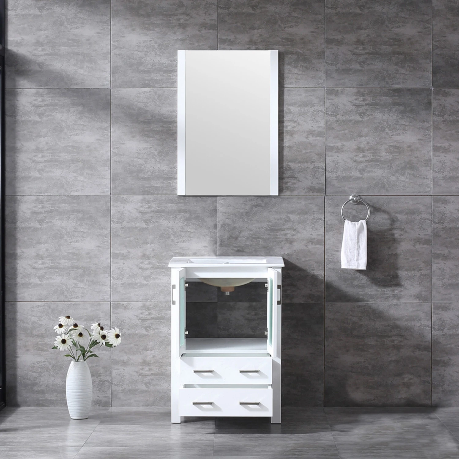 Lexora Volez 24" White Single Vanity, Integrated Top, White Integrated Square Sink And 22" Mirror 5 Lexora Volez 24" White Single Vanity, Integrated Top, White Integrated Square Sink And 22" Mirror - Image 3