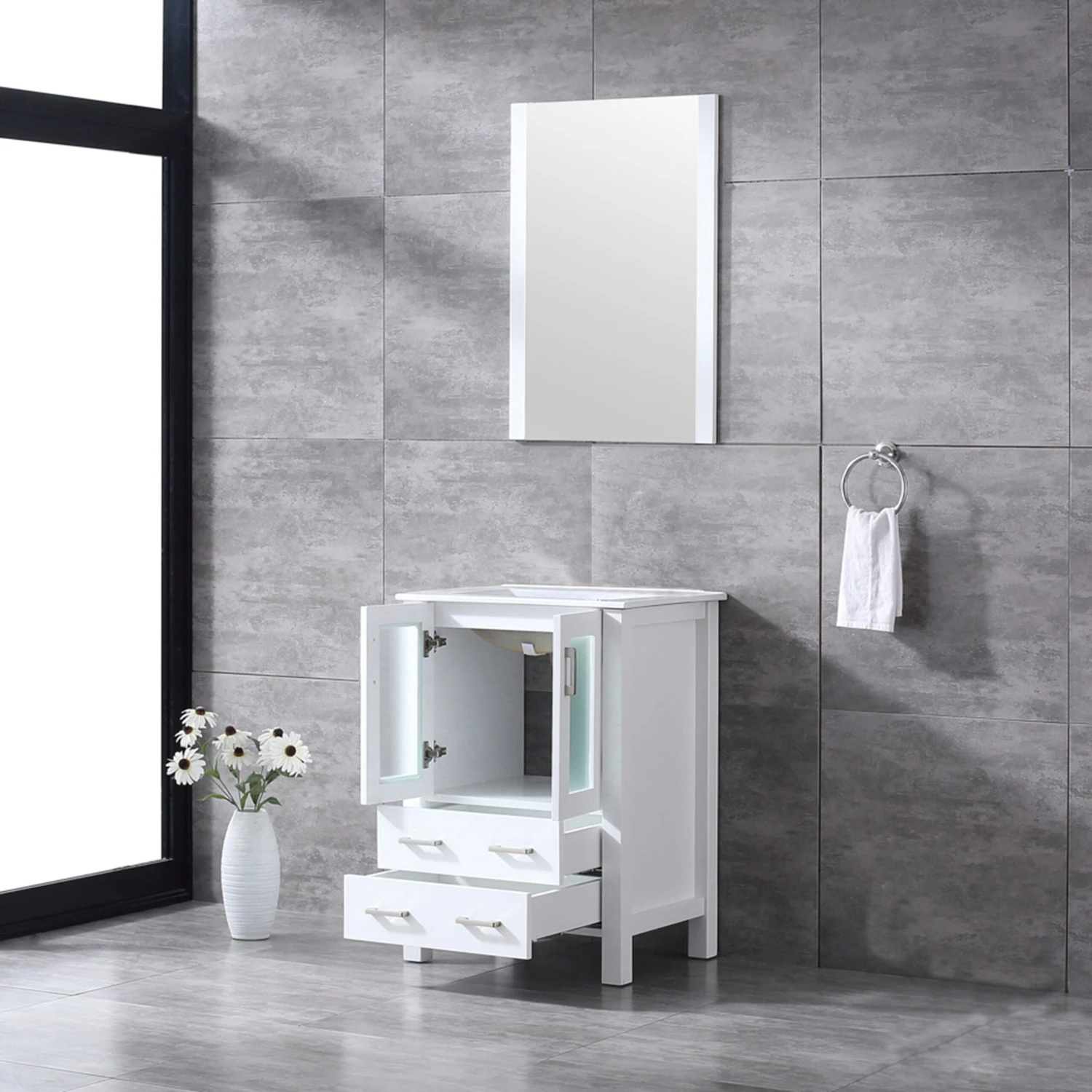 Lexora Volez 24" White Single Vanity, Integrated Top, White Integrated Square Sink And 22" Mirror 6 Lexora Volez 24" White Single Vanity, Integrated Top, White Integrated Square Sink And 22" Mirror - Image 4