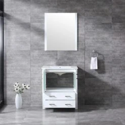 Lexora Volez 30" White Single Vanity, Integrated Top, White Integrated Square Sink And 28" Mirror -Home And Outdoor LV341830SAESM28 2