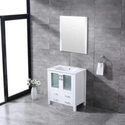 Lexora Volez 30" White Single Vanity, Integrated Top, White Integrated Square Sink And 28" Mirror -Home And Outdoor LV341830SAESM28 3