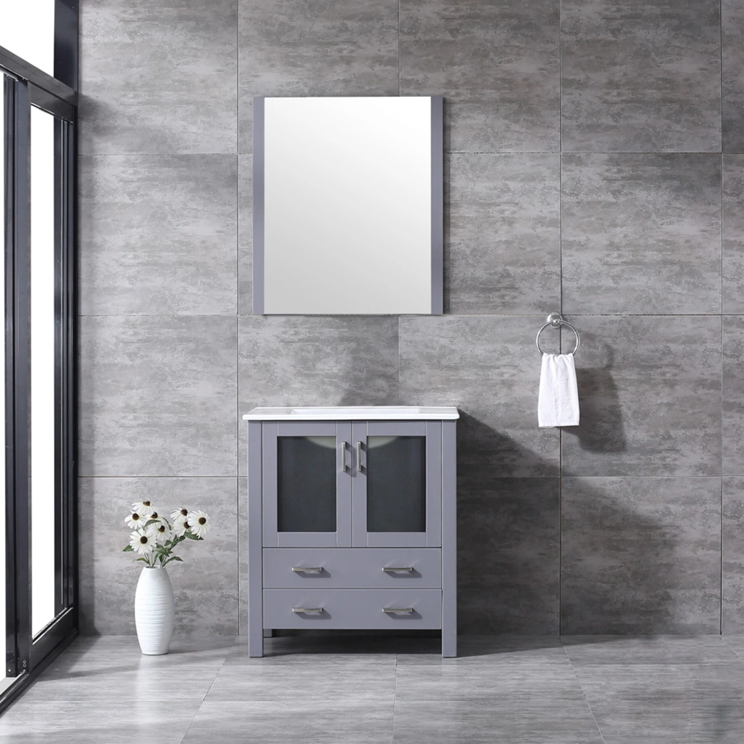 Lexora Volez 30" Dark Grey Single Vanity, Integrated Top, White Integrated Square Sink And 28" Mirror 4 Lexora Volez 30" Dark Grey Single Vanity, Integrated Top, White Integrated Square Sink And 28" Mirror - Image 2