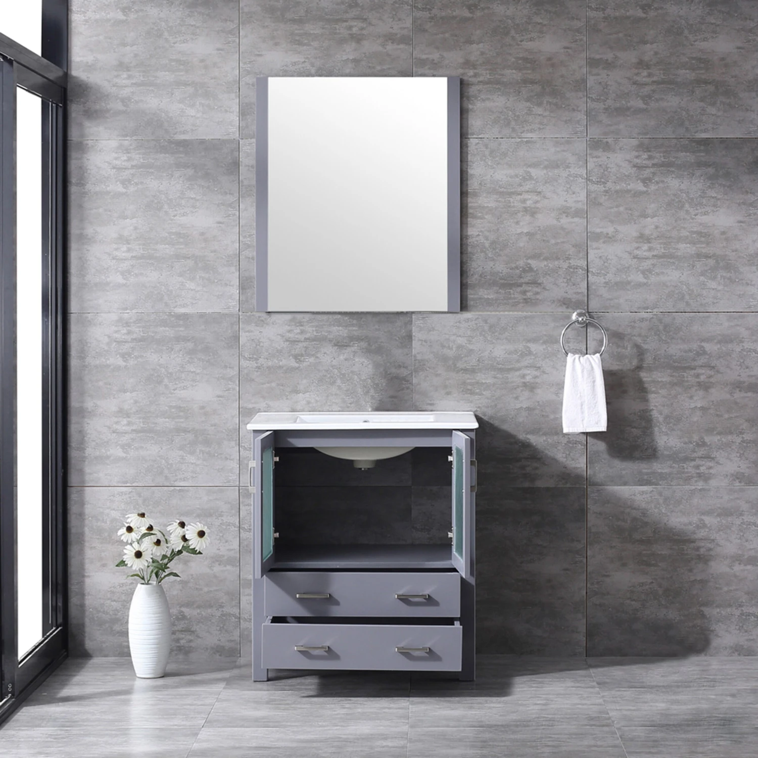 Lexora Volez 30" Dark Grey Single Vanity, Integrated Top, White Integrated Square Sink And 28" Mirror 5 Lexora Volez 30" Dark Grey Single Vanity, Integrated Top, White Integrated Square Sink And 28" Mirror - Image 3