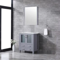 Lexora Volez 30" Dark Grey Single Vanity, Integrated Top, White Integrated Square Sink And 28" Mirror 18 Lexora Volez 30" Dark Grey Single Vanity, Integrated Top, White Integrated Square Sink And 28" Mirror -Home And Outdoor LV341830SBESM28 3