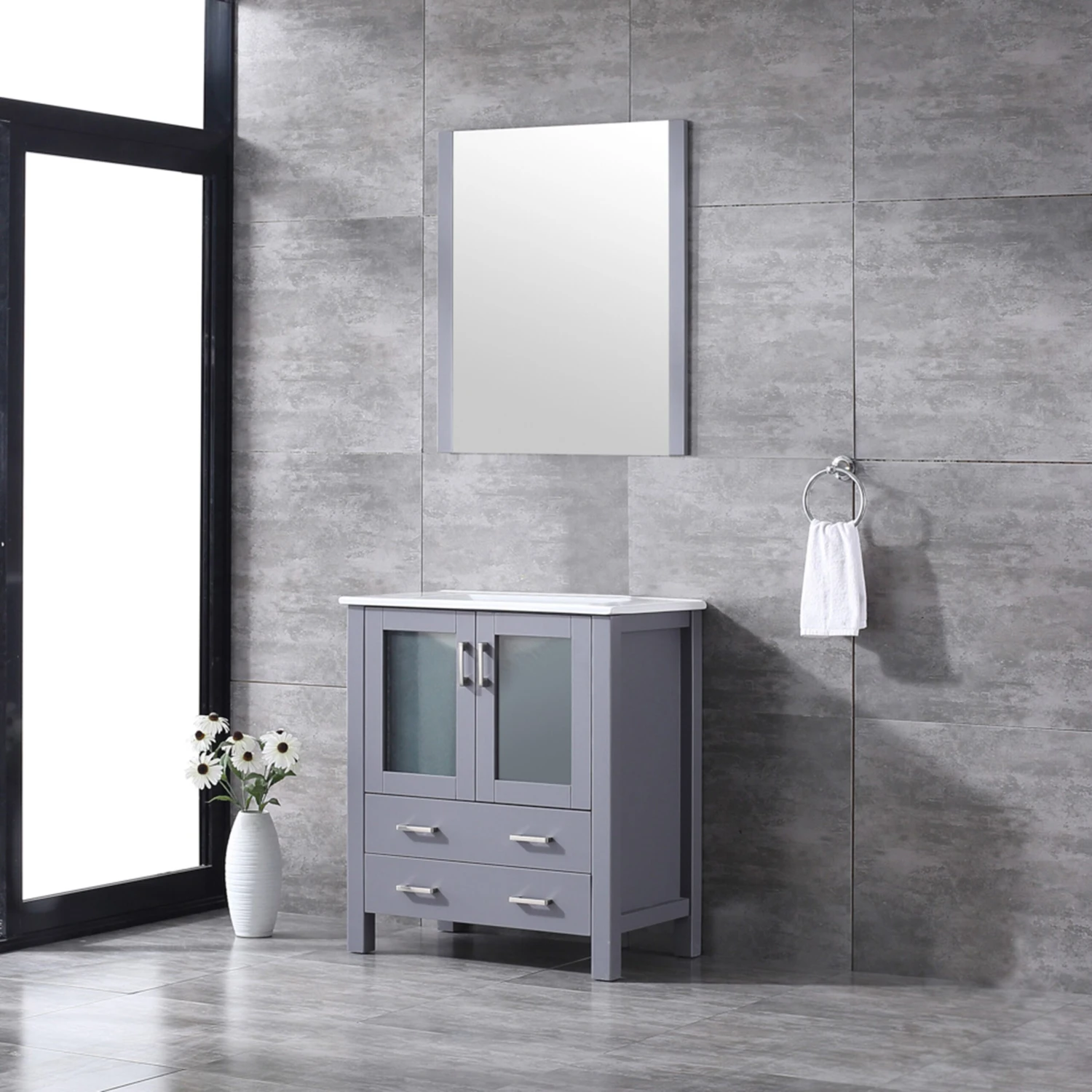 Lexora Volez 30" Dark Grey Single Vanity, Integrated Top, White Integrated Square Sink And 28" Mirror 6 Lexora Volez 30" Dark Grey Single Vanity, Integrated Top, White Integrated Square Sink And 28" Mirror - Image 4
