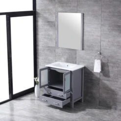 Lexora Volez 30" Dark Grey Single Vanity, Integrated Top, White Integrated Square Sink And 28" Mirror 19 Lexora Volez 30" Dark Grey Single Vanity, Integrated Top, White Integrated Square Sink And 28" Mirror -Home And Outdoor LV341830SBESM28 4