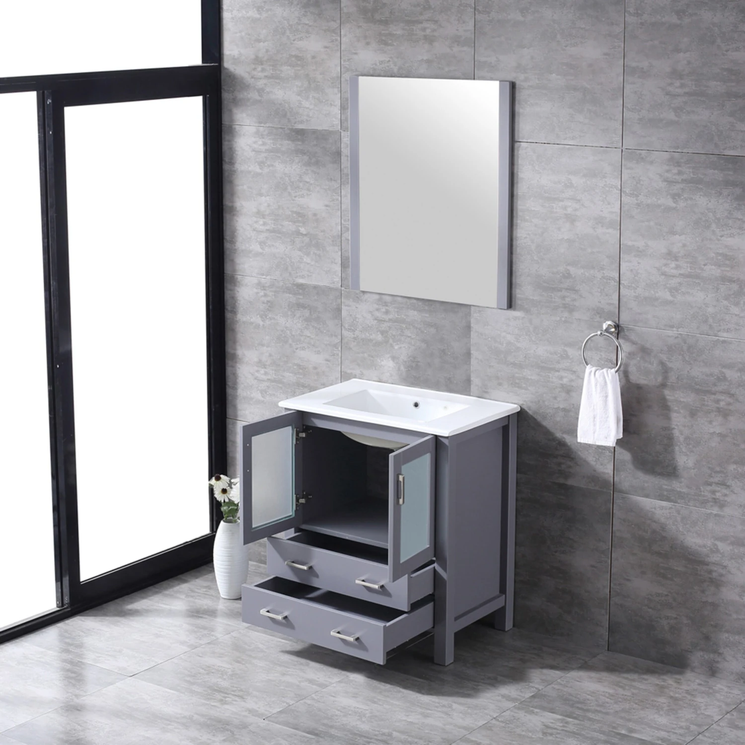 Lexora Volez 30" Dark Grey Single Vanity, Integrated Top, White Integrated Square Sink And 28" Mirror 7 Lexora Volez 30" Dark Grey Single Vanity, Integrated Top, White Integrated Square Sink And 28" Mirror - Image 5