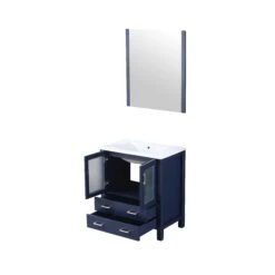 Lexora Volez 30" Navy Blue Single Vanity, Integrated Top, White Integrated Square Sink And 28" Mirror -Home And Outdoor LV341830SEESM28 10