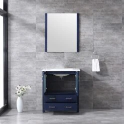 Lexora Volez 30" Navy Blue Single Vanity, Integrated Top, White Integrated Square Sink And 28" Mirror -Home And Outdoor LV341830SEESM28 2