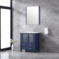 Lexora Volez 30" Navy Blue Single Vanity, Integrated Top, White Integrated Square Sink And 28" Mirror -Home And Outdoor LV341830SEESM28 3