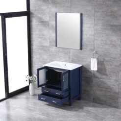 Lexora Volez 30" Navy Blue Single Vanity, Integrated Top, White Integrated Square Sink And 28" Mirror -Home And Outdoor LV341830SEESM28 4