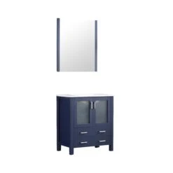 Lexora Volez 30" Navy Blue Single Vanity, Integrated Top, White Integrated Square Sink And 28" Mirror -Home And Outdoor LV341830SEESM28 7