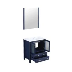 Lexora Volez 30" Navy Blue Single Vanity, Integrated Top, White Integrated Square Sink And 28" Mirror -Home And Outdoor LV341830SEESM28 9