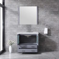 Lexora Volez 36" Dark Grey Single Vanity, Integrated Top, White Integrated Square Sink And 34" Mirror -Home And Outdoor LV341836SBESM34 2