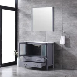 Lexora Volez 36" Dark Grey Single Vanity, Integrated Top, White Integrated Square Sink And 34" Mirror -Home And Outdoor LV341836SBESM34 4