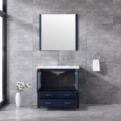 Lexora Volez 36" Navy Blue Single Vanity, Integrated Top, White Integrated Square Sink And 34" Mirror -Home And Outdoor LV341836SEESM34 2