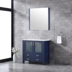 Lexora Volez 36" Navy Blue Single Vanity, Integrated Top, White Integrated Square Sink And 34" Mirror -Home And Outdoor LV341836SEESM34 3