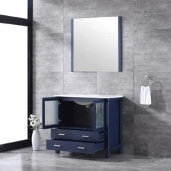 Lexora Volez 36" Navy Blue Single Vanity, Integrated Top, White Integrated Square Sink And 34" Mirror -Home And Outdoor LV341836SEESM34 4