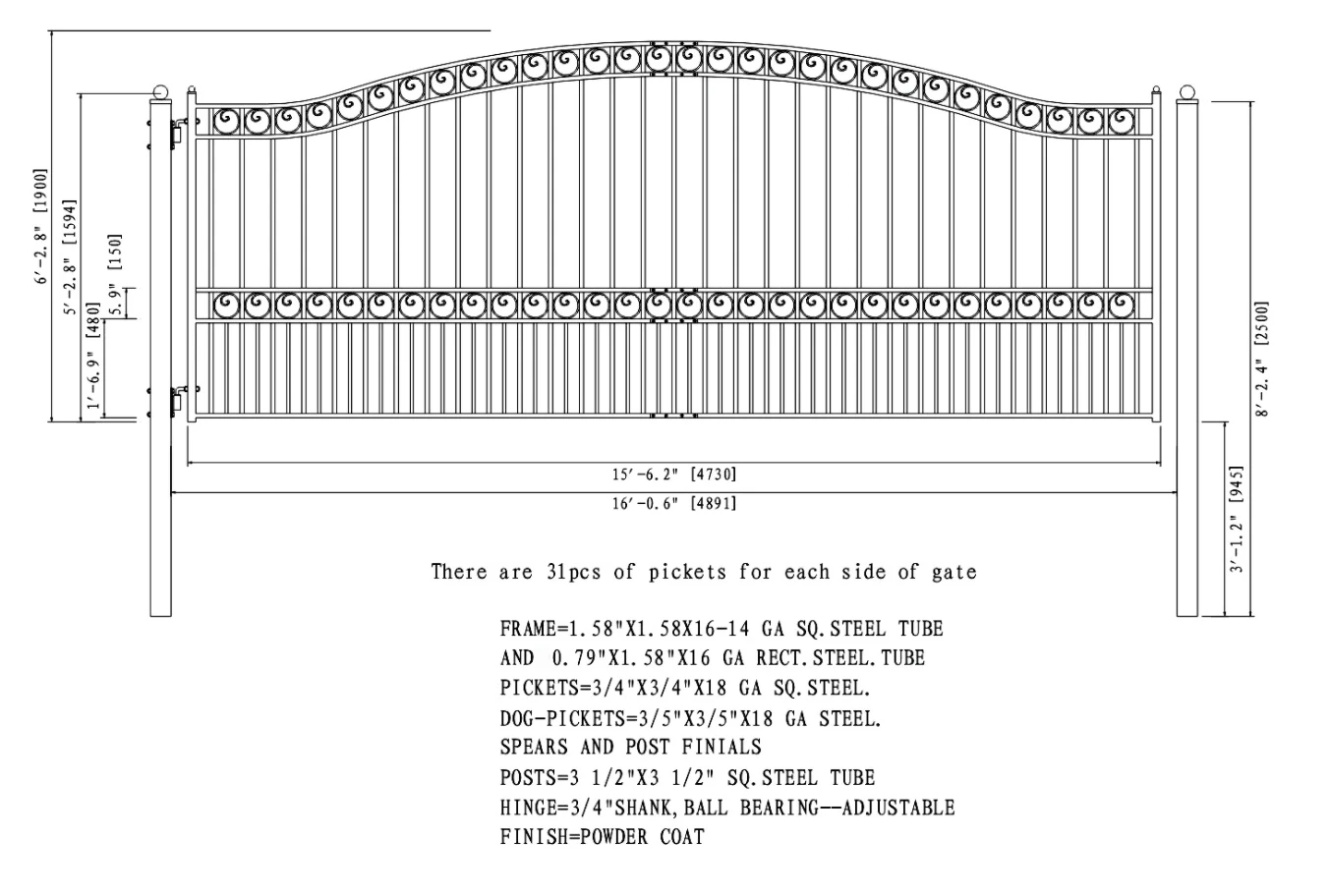 Aleko Steel Single Swing Driveway Gate - Paris Style - 16 X 6 Feet 9 Aleko Steel Single Swing Driveway Gate - Paris Style - 16 X 6 Feet - Image 8