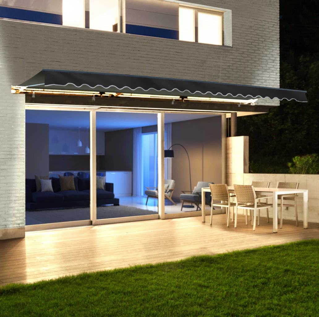 Aleko Half Cassette Motorized Retractable LED Luxury Patio Awning - 16 X 10 Feet - Black 3 Aleko Half Cassette Motorized Retractable LED Luxury Patio Awning - 16 X 10 Feet - Black