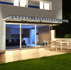 Aleko Half Cassette Motorized Retractable LED Luxury Patio Awning - 16 X 10 Feet - Gray And White Stripes