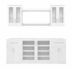 NewAge Wall Bar Cabinet Wine Cabinet Set With Glass Beverage Display Base Cabinet, Floating Display Shelf, Hanging Stemware Shelf, Glass Short Wall Display Cabinet - 8 Piece Home Dry Bar Wine Storage Cabinet Set 62539