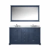 Lexora Dukes 60" Navy Blue Double Vanity, White Carrara Marble Top, White Square Sinks And 58" Mirror