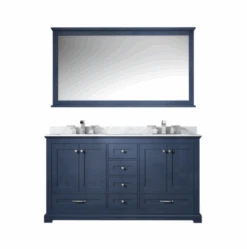 Lexora Dukes 60" Navy Blue Double Vanity, White Carrara Marble Top, White Square Sinks And 58" Mirror