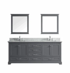 Lexora Dukes 80" Dark Grey Double Vanity, White Carrara Marble Top, White Square Sinks And 30" Mirrors
