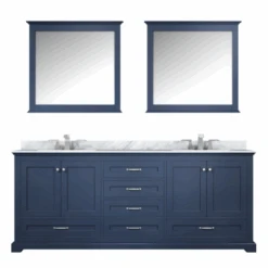Lexora Dukes 80" Navy Blue Double Vanity, White Carrara Marble Top, White Square Sinks And 30" Mirrors