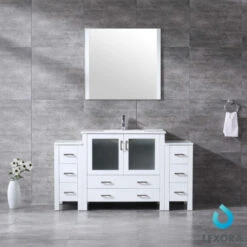 Lexora Volez 60" White Single Vanity W/ 2 Side Cabinets, Integrated Top, White Integrated Square Sink And 34" Mirror